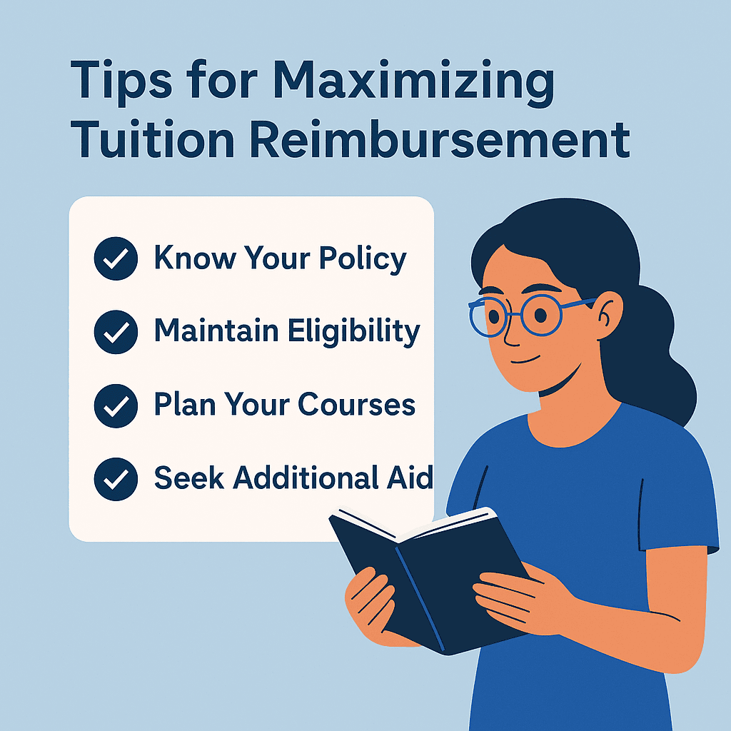 Illustration of nursing student reading with a checklist of tuition reimbursement tips including policy, eligibility, course planning, and aid