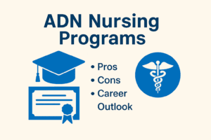 Infographic showing ADN Nursing Programs with icons of a graduation cap, diploma, and medical caduceus, highlighting pros, cons, and career outlook for associate degree nurses.
