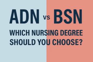 Illustration comparing ADN vs BSN nursing degrees, featuring icons of a community college diploma and a university graduation cap with healthcare symbols in a professional blue and white design.
