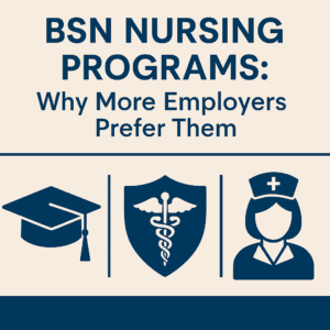 Infographic for BSN Nursing Programs showing a graduation cap, medical shield with caduceus, and nurse icon, emphasizing why employers prefer bachelor’s-prepared nurses.