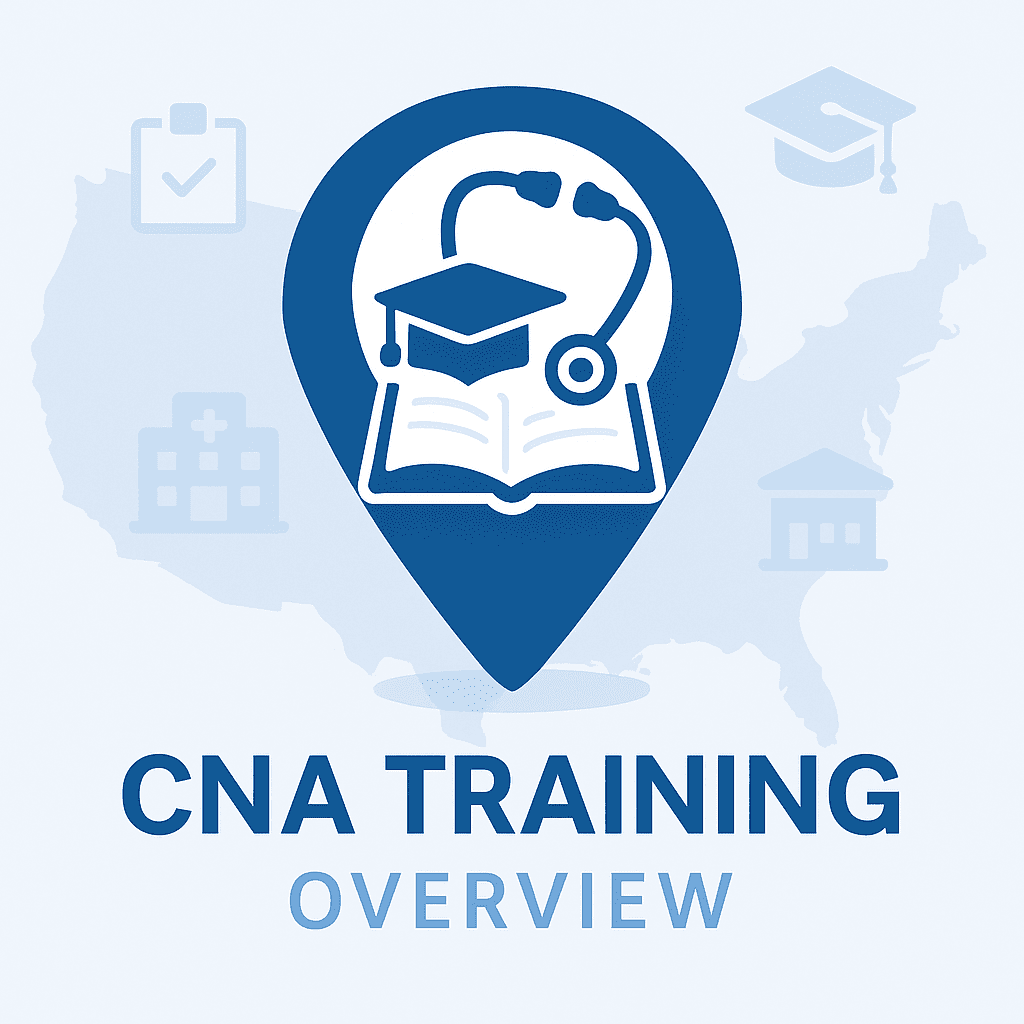 Illustration of a location pin with an open book and stethoscope over a U.S. map, symbolizing CNA training courses and how to become a CNA.