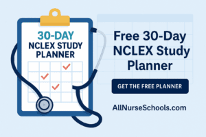 AllNurseSchools free NCLEX study planner download graphic with envelope and stethoscope illustration, highlighting nursing scholarships, NCLEX prep, and career insights.