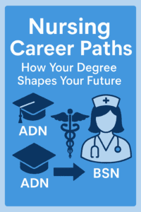 Infographic for Nursing Career Paths with icons of ADN graduation caps, a caduceus symbol, and a nurse, illustrating how education shapes future career opportunities.