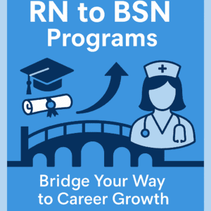Infographic for RN to BSN Programs with icons of a graduation cap, diploma, and nurse, highlighting career growth and educational advancement for registered nurses.