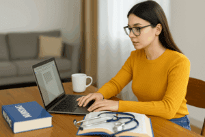 Student studying in an online nursing programs at home with laptop, stethoscope, and nursing textbooks on desk.