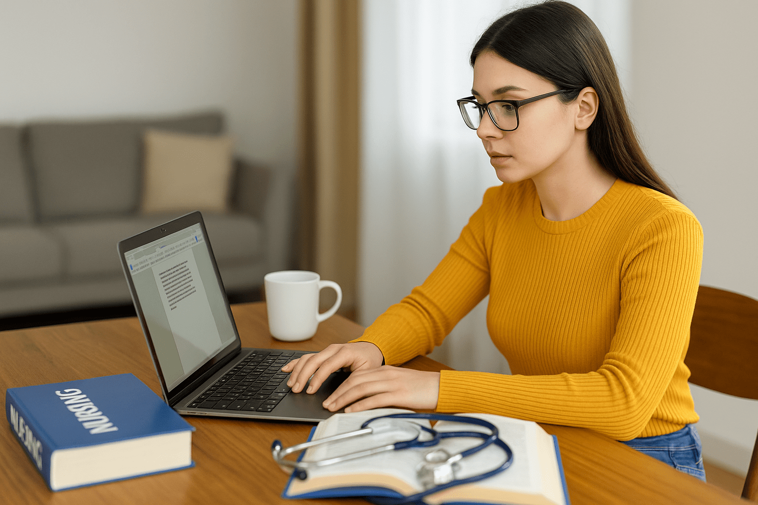 Student studying in an online nursing programs at home with laptop, stethoscope, and nursing textbooks on desk.