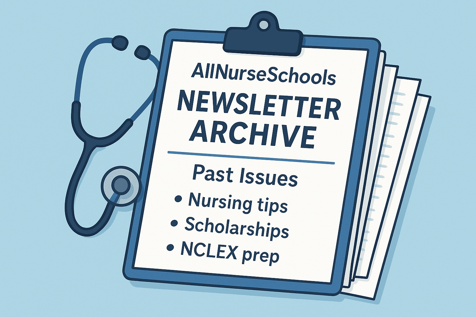 AllNurseSchools Newsletter Archive illustration with clipboard and stethoscope, highlighting past issues with nursing tips, scholarships, and NCLEX prep.