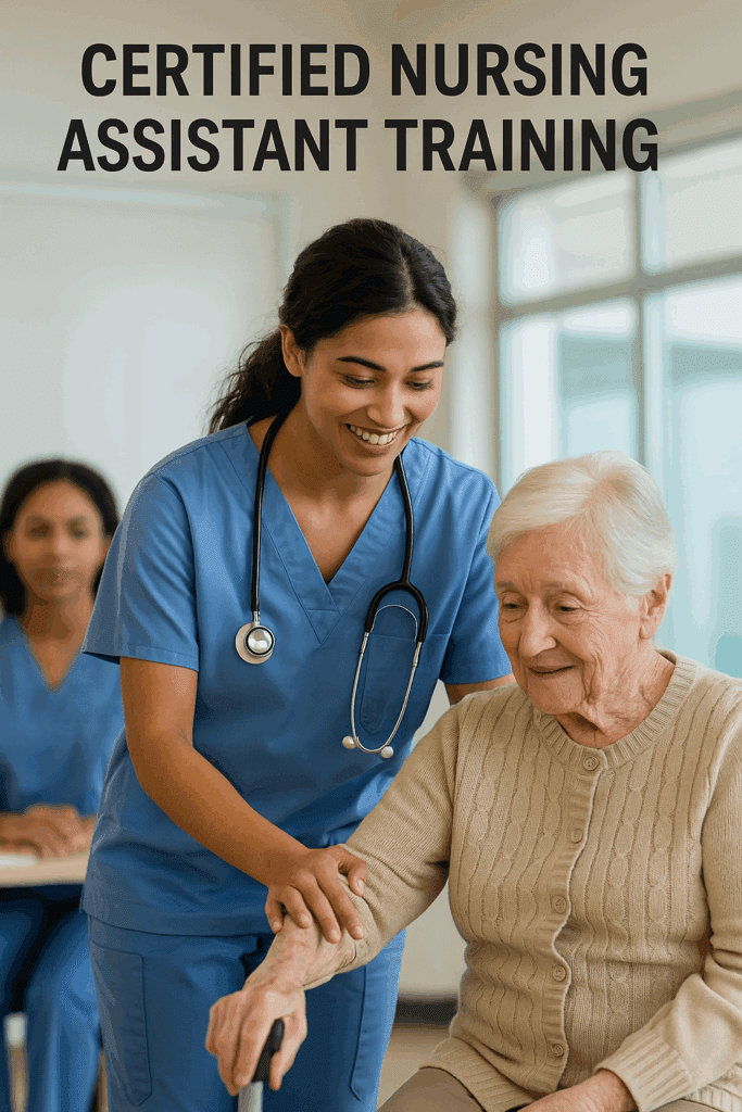 Certified nursing assistant helping an elderly patient during training