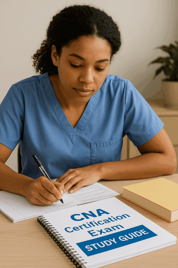 CNA student studying exam materials and practice tests.
