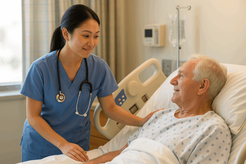 CNA trainee assisting patient in hospital during clinical training rotation