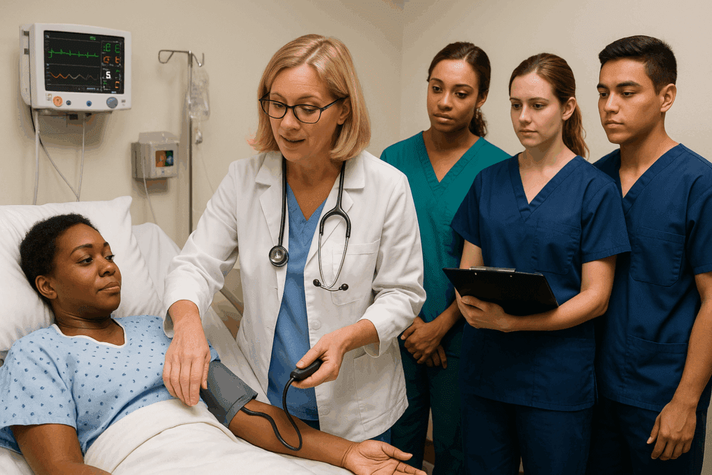 Instructor demonstrating vital sign measurement to CNA students