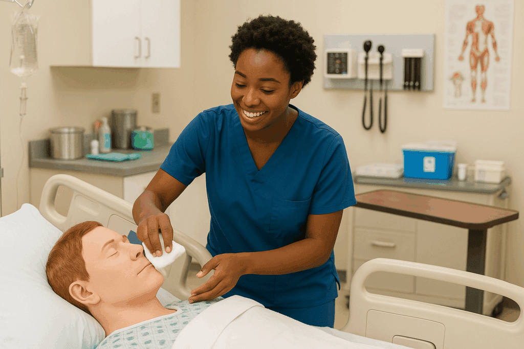 Nursing assistant trainee practicing patient care skills in a CNA skills lab.