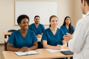 Group of CNA students in scrubs attending classroom training session
