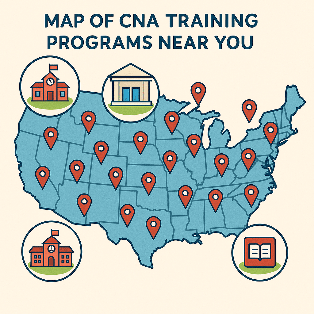 Illustrated map showing local CNA training programs and schools.