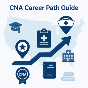 Illustration of a career ladder with CNA, LPN, and RN symbols on a U.S. map background, representing CNA to LPN and CNA to RN bridge program career paths.