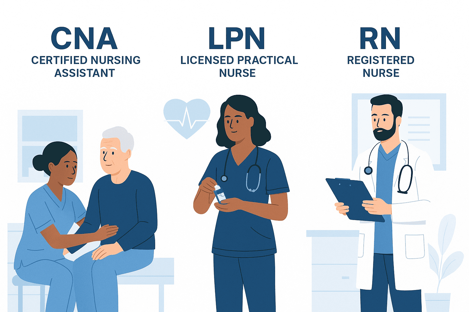 Comparison of CNA, LPN, and RN nursing roles with examples of daily responsibilities in healthcare settings.