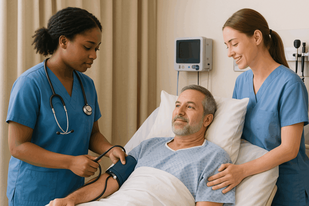 Two entry-level nurses in blue scrubs checking a patient’s blood pressure and providing bedside care.