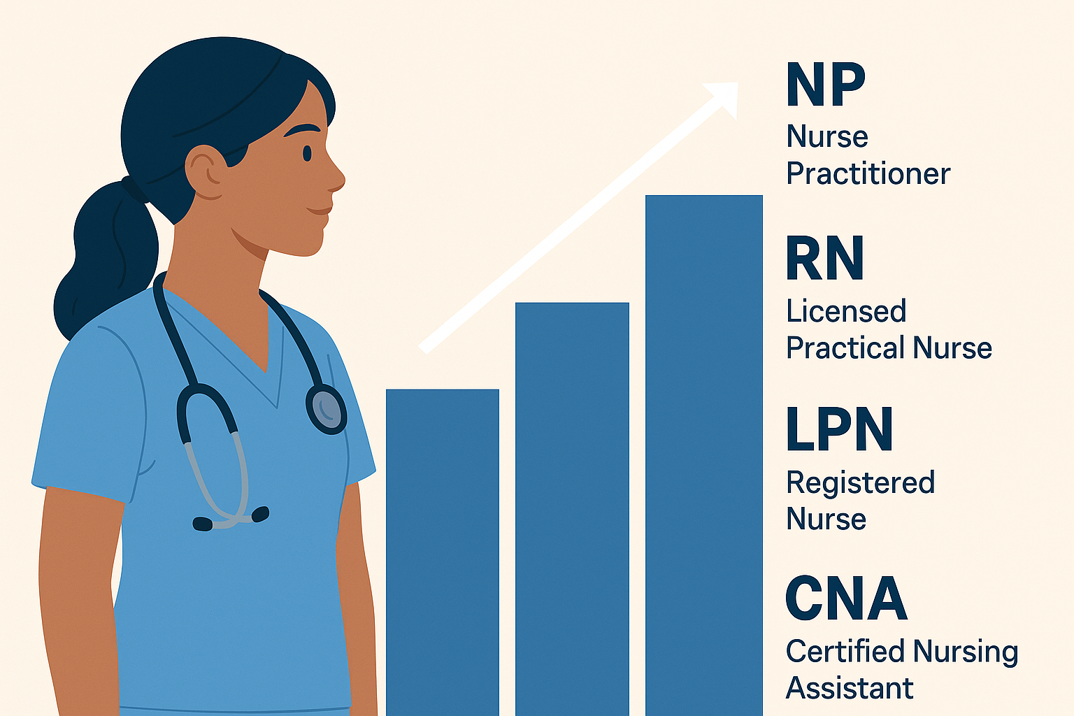 Infographic showing nursing career progression from CNA to LPN, RN, and NP with upward salary growth.
