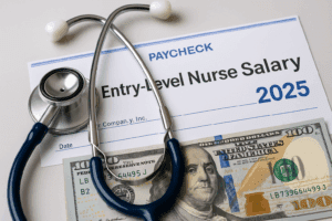 Stethoscope resting on a paycheck labeled Entry-Level Nurse Salary 2025 with U.S. hundred-dollar bill, symbolizing new nurse earnings.