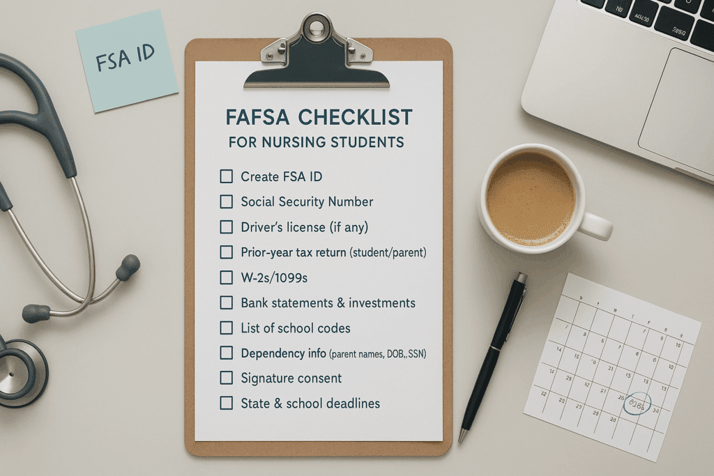 FAFSA checklist grants vs loans for nursing students with tax forms, FSA ID, and deadline reminders