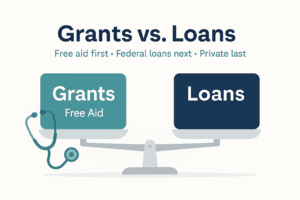 Comparison of grants versus loans for nursing students showing ‘free aid first, federal loans next, private last’
