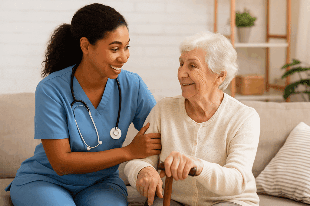 Home health aide assisting a senior patient at home.