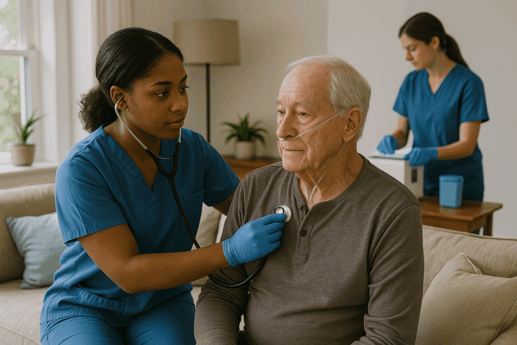 A home health nurse in blue scrubs using a stethoscope to check an elderly patient’s chest at home.