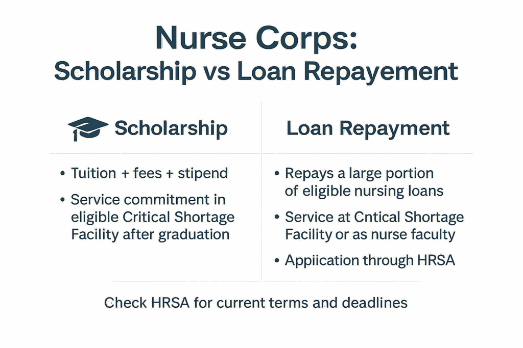 HRSA Nurse Corps scholarship and loan repayment summary card for nursing students