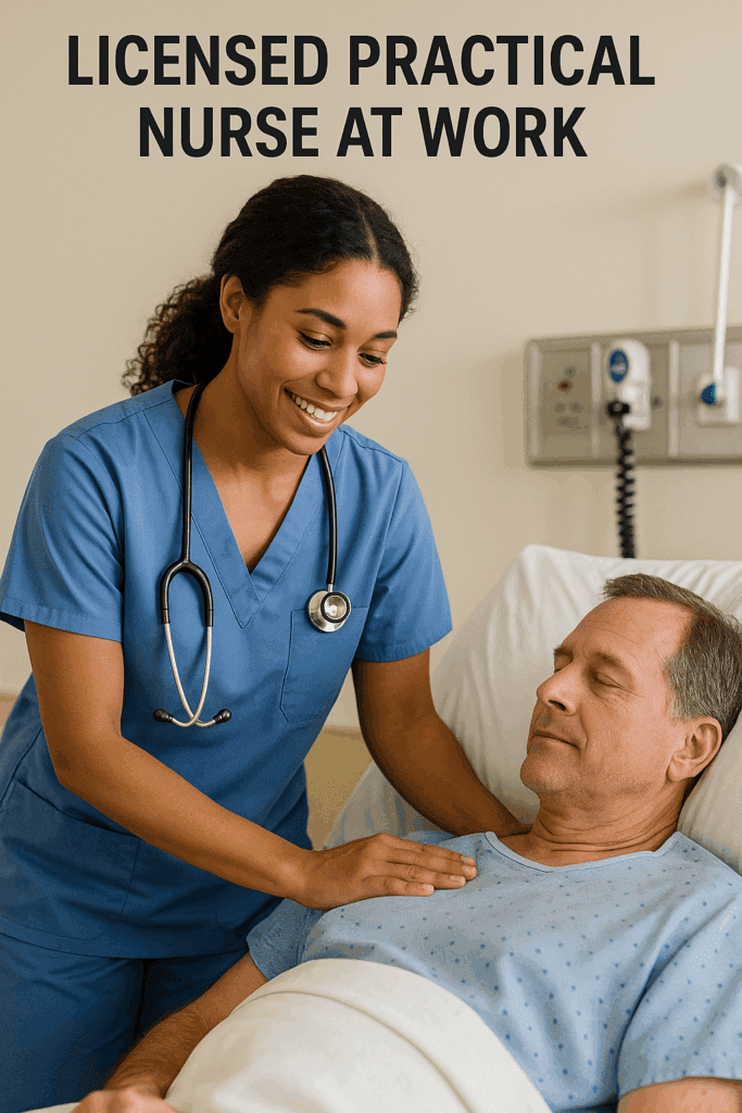 Licensed Practical Nurse providing bedside care to a patient.