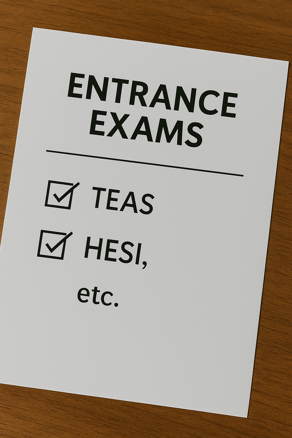 Paper checklist with entrance exams for nursing school including TEAS and HESI