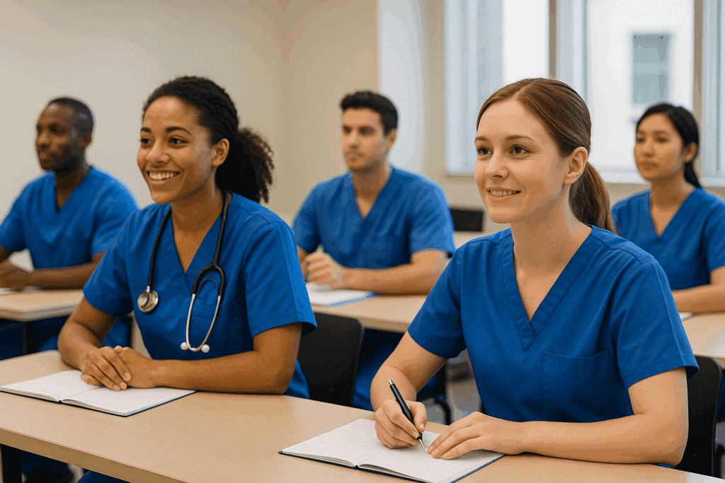 Group of nursing students in classroom learning basic patient care.