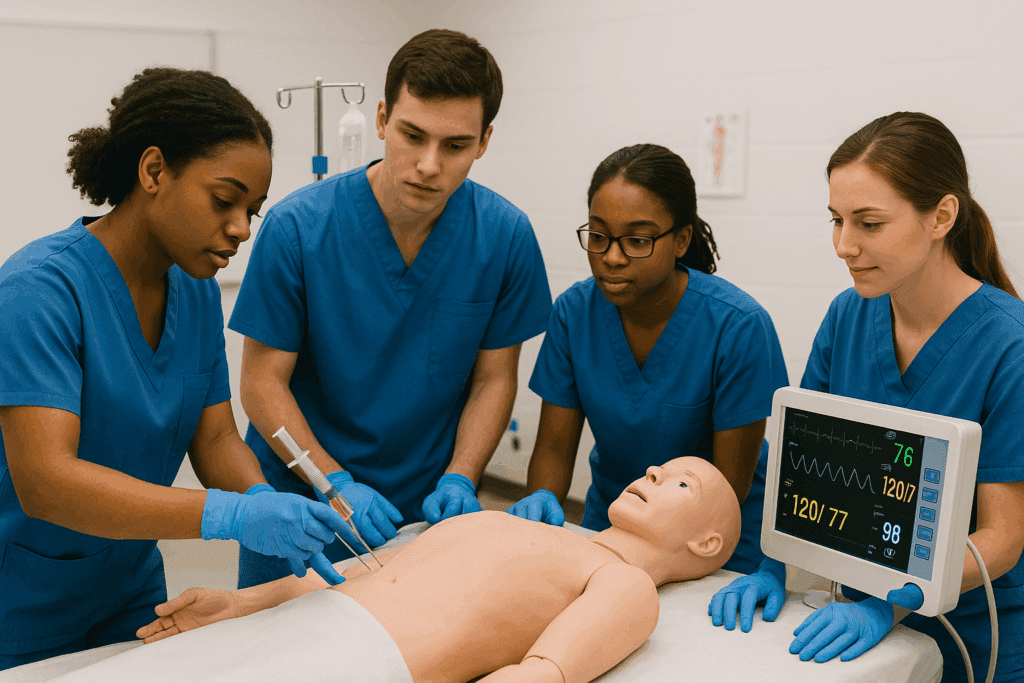 Group of nursing students practicing an injection on a mannequin while monitoring vital signs in a simulation lab.