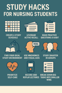 Infographic showing study hacks for nursing students with icons for active recall, NCLEX practice questions, mnemonics, and self-care strategies.