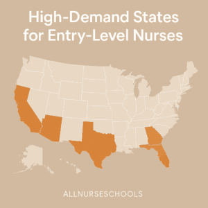 Modern healthcare-themed featured image with abstract blue and white design representing nursing demand across the U.S.