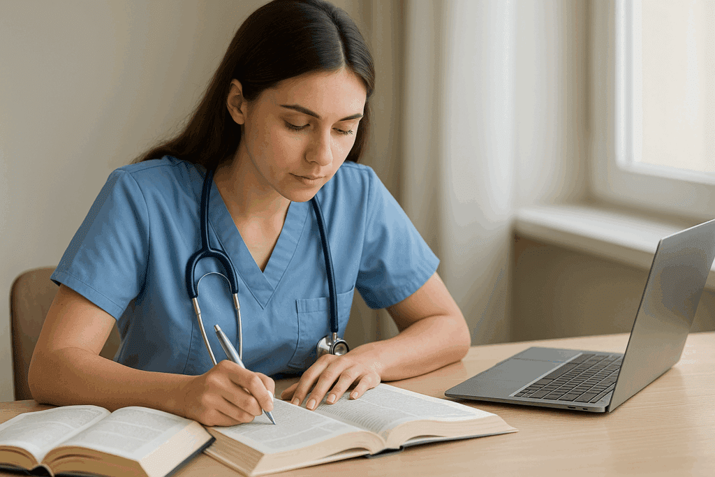 Nursing student studying with textbooks and laptop in an accelerated program