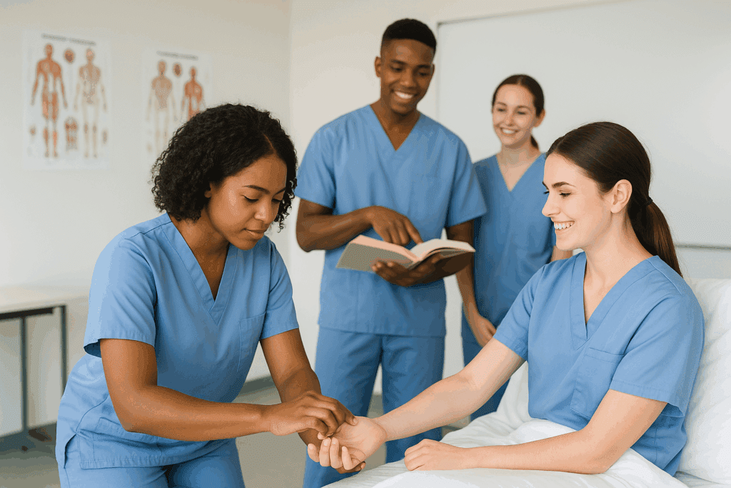 CNA students practicing basic patient care skills in a classroom lab