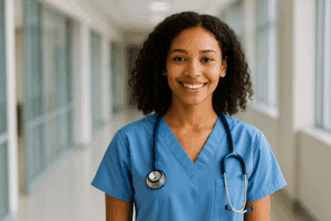 New graduate nurse smiling in a hospital setting, representing entry-level nursing positions available without prior experience.