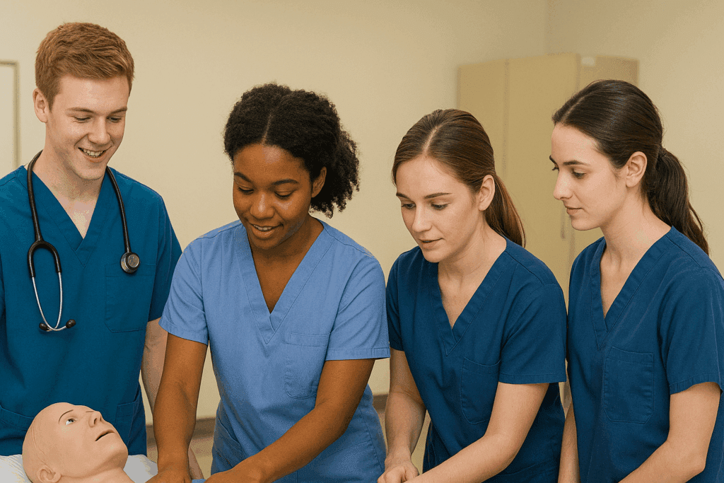 Group of nursing students in scrubs attending class and clinical training.