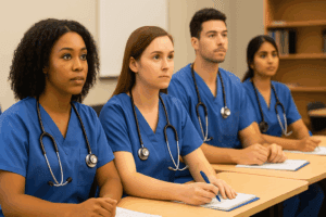 Nursing students in scrubs listening to a lecture in a fast-track nursing program classroom