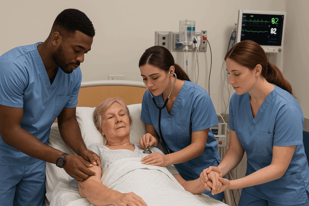 LPN students in scrubs practicing patient care in a hospital setting