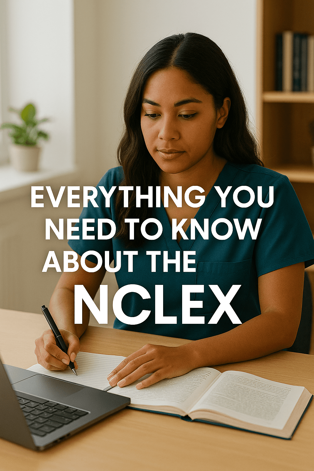 Nursing student preparing for the NCLEX exam at a clean desk with laptop, coffee, and open notes in bright natural light.