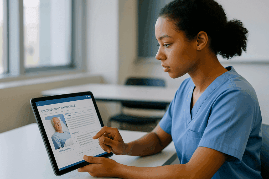 Nursing student practicing clinical judgment scenarios for the Next Generation NCLEX on a digital tablet in a modern classroom.