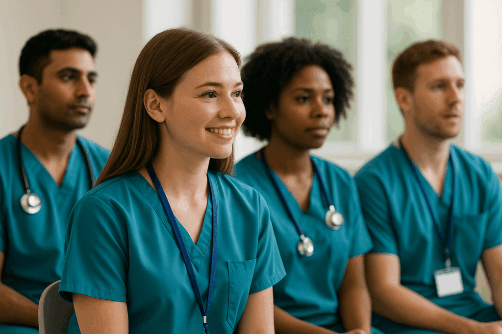 Group of new graduate nurses attending a hospital residency program to gain practical training and mentorship.