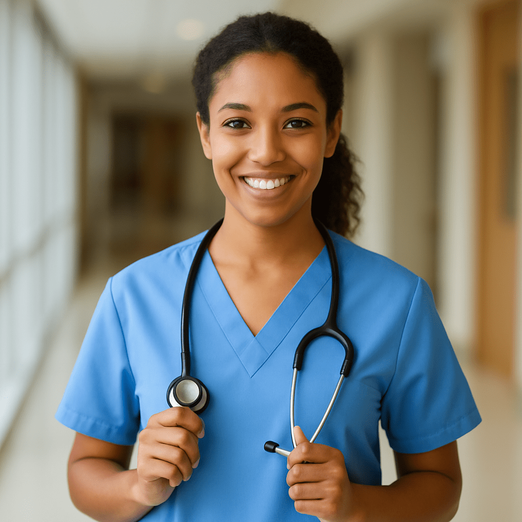 Smiling nursing graduate in scrubs holding a stethoscope in hospital hallway