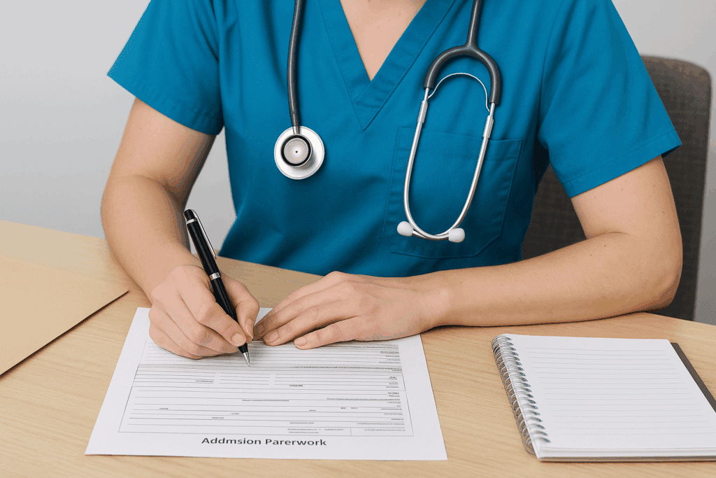 Nursing applicant filling out admission paperwork for a fast-track program