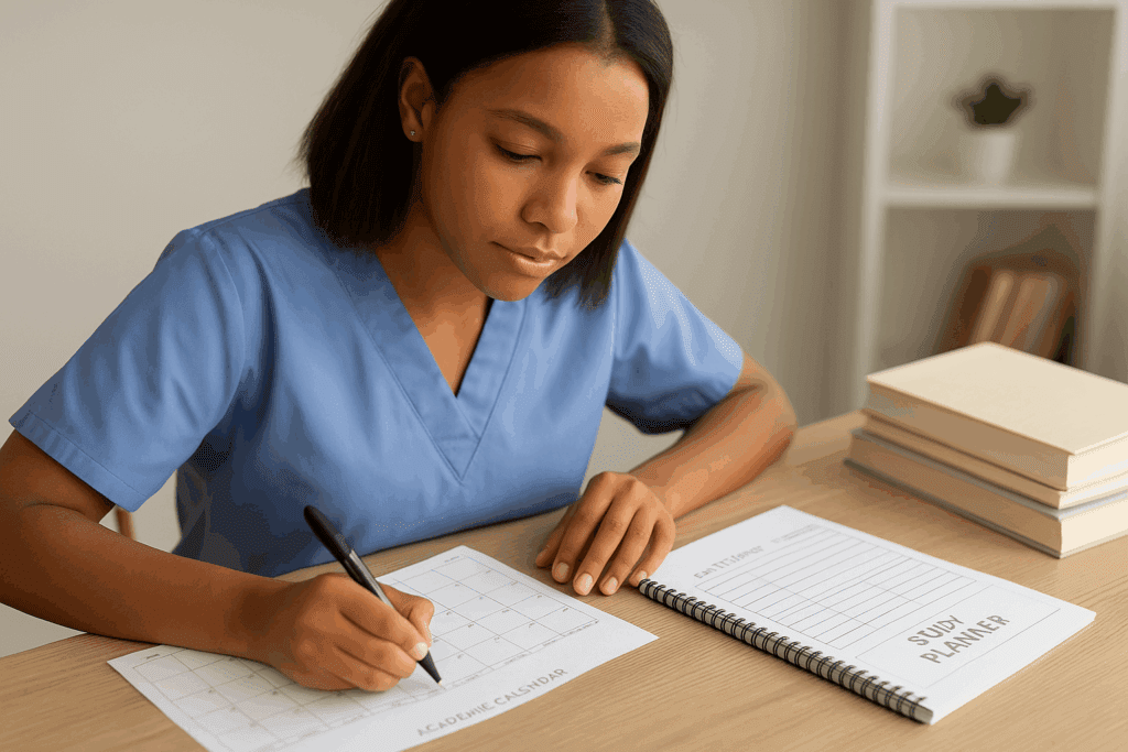 Nursing student reviewing academic calendar and study planner