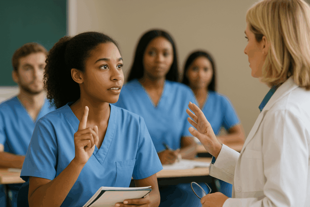 Nursing student asking instructor about program requirements in classroom