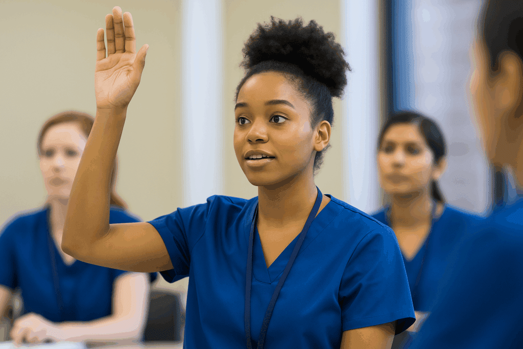 Nursing student raising hand in class to ask a question