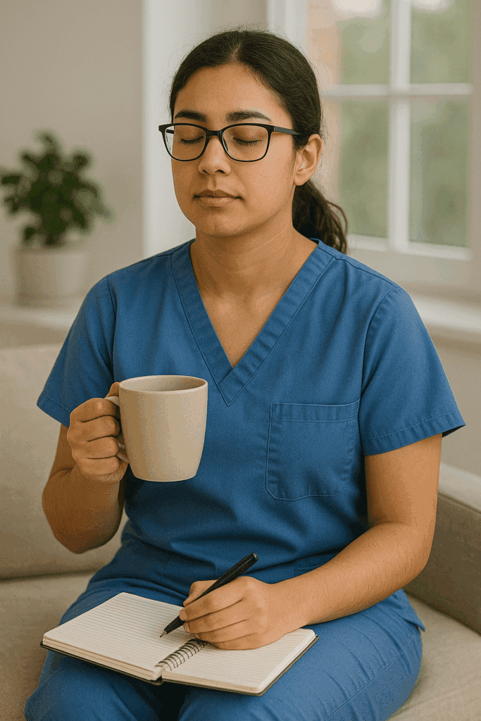 Nursing student practicing mindfulness with coffee and notebook before class