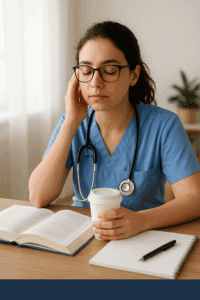 Nursing student sitting at a desk with open textbooks, taking a mindful break to manage stress